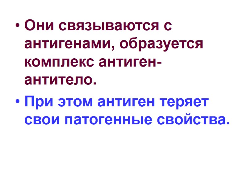 Они связываются с антигенами, образуется комплекс антиген-антитело. При этом антиген теряет свои патогенные свойства.